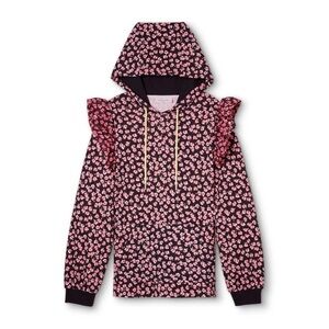 Sandy Liang Pink and Black Floral Ruffle Hoodie
